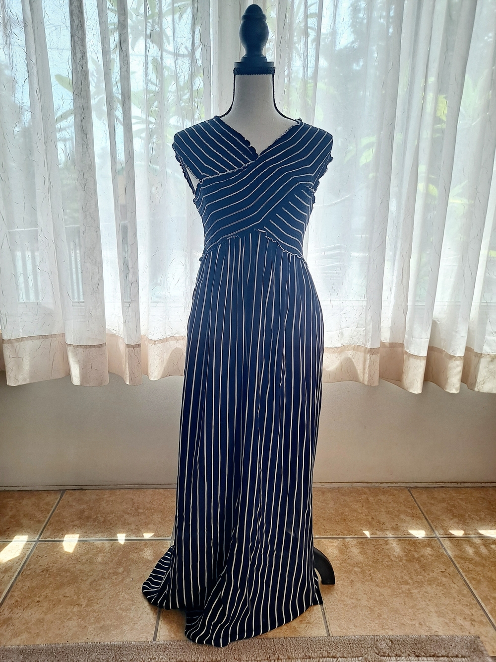 Aqua Navy with White Vertical Stripe Maxi Dress